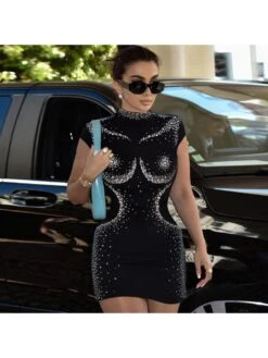 Fashion Hot Drilling Short Sleeve Slim Dress -Women's Clothing Shop P 20230614172648240 392