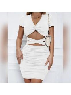 Drawstring Solid Short Sleeve Dress