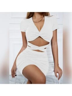 Drawstring Solid Short Sleeve Dress -Women's Clothing Shop P 20230619103742108 808