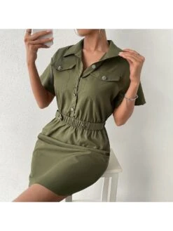 Work Style Short Sleeve Army Green Dress Women -Women's Clothing Shop P 20230621131141082 411