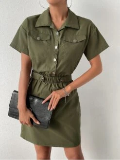 Work Style Short Sleeve Army Green Dress Women -Women's Clothing Shop P 20230621131143479 982