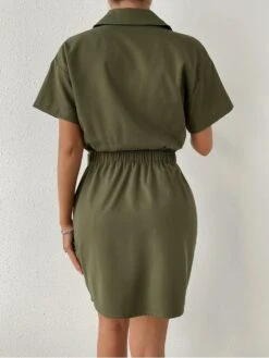 Work Style Short Sleeve Army Green Dress Women -Women's Clothing Shop P 20230621131145959 488