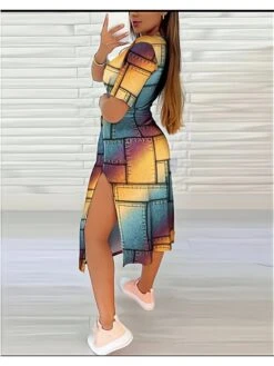 Fashion Printing Short Sleeve Slit Dress -Women's Clothing Shop P 20230629161435650 459
