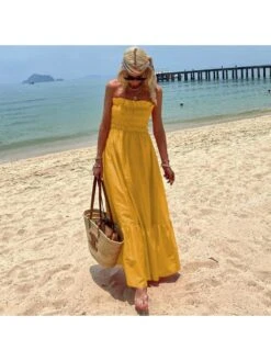 Beach Off Shoulder Ruched Pure Color Dress Women