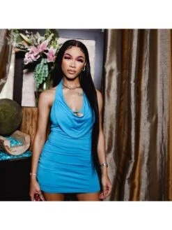 Blue Halter Ruched Sleeveless Dress
