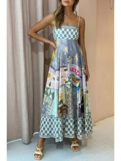 Gray Printing Long Sleeveless Dress