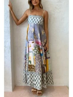 Gray Printing Long Sleeveless Dress -Women's Clothing Shop P 20230704173921906 402