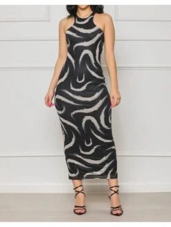 Casual Ripple Long Black Sleeveless Dress