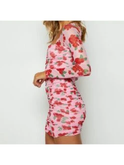 Women's Beach Flower Printing Ruched Magenta Pink Dress -Women's Clothing Shop P 20230707141423104 951