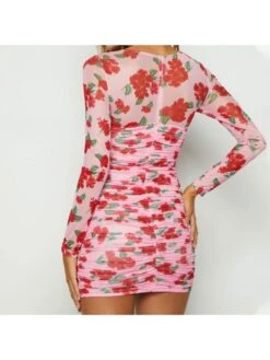 Women's Beach Flower Printing Ruched Magenta Pink Dress -Women's Clothing Shop P 20230707141425464 667