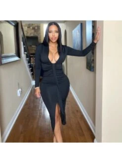 Women's Sexy Drawstring Split Hem Pure Color Dress