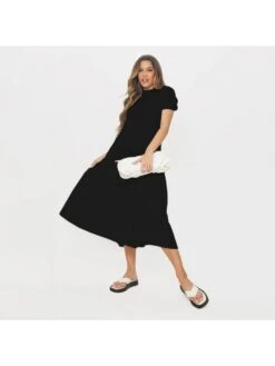 Women's Patchwork Pure Color Short Sleeve Dress -Women's Clothing Shop P 20230710213559012 365