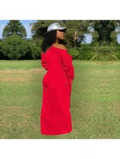 Solid Oblique Shoulder Long Sleeve Maxi Dress -Women's Clothing Shop P 20230712182037276 564