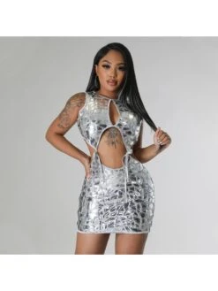 Sexy Hollowed Out Sequins Sleeveless Bodycon Dress