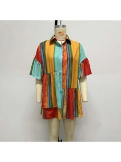 Red Contrast Color Printing Short Sleeve Dress -Women's Clothing Shop P 20230719115231097 415