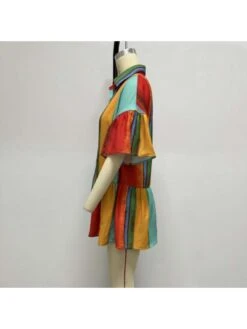 Red Contrast Color Printing Short Sleeve Dress -Women's Clothing Shop P 20230719115233385 296