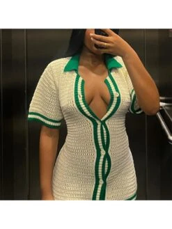 White Crochet Striped Short Sleeve Dress -Women's Clothing Shop P 20230720181230310 726