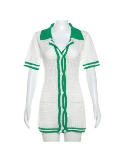 White Crochet Striped Short Sleeve Dress -Women's Clothing Shop P 20230720181232899 507