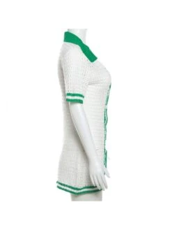 White Crochet Striped Short Sleeve Dress -Women's Clothing Shop P 20230720181235211 604