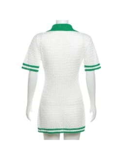 White Crochet Striped Short Sleeve Dress -Women's Clothing Shop P 20230720181237518 671
