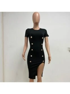 Black Round Neck Short Sleeve Dress -Women's Clothing Shop P 20230720205535291 403