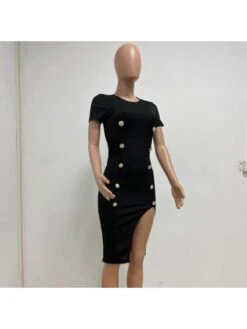 Black Round Neck Short Sleeve Dress -Women's Clothing Shop P 20230720205539711 467