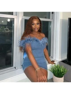 Women's Sexy Denim Feather Patchwork Blue Dress -Women's Clothing Shop P 20230721171927552 287
