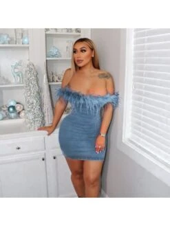 Women's Sexy Denim Feather Patchwork Blue Dress -Women's Clothing Shop P 20230721171932349 675