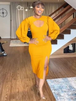 Casual Hollowed Out Puff Sleeve Slit Dress