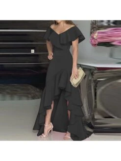 Elegant Solid Magenta Pink Ruffled Irregular Maxi Dress