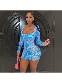 Blue Square Neck Long Sleeve Dress