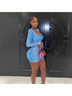 Blue Square Neck Long Sleeve Dress -Women's Clothing Shop P 20230727114232099 841