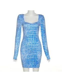 Blue Square Neck Long Sleeve Dress -Women's Clothing Shop P 20230727114236744 292