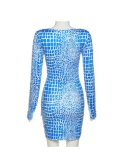 Blue Square Neck Long Sleeve Dress -Women's Clothing Shop P 20230727114239082 647