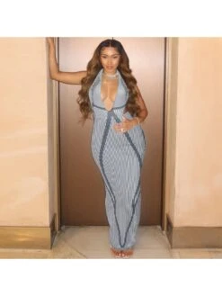 Sexy Printing Halter Backless Slim Maxi Dress