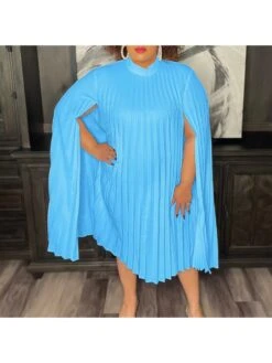 Pure Color Pleated Loose Cape Sleeve Dress