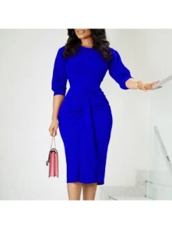Commuter Solid Ruched Half Sleeve Bodycon Dress