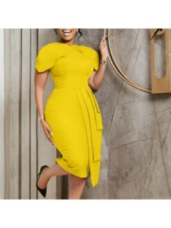 Solid Ruched Short Sleeve Bodycon Dress
