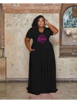 Plus Size Letter Short Sleeve Maxi Dress