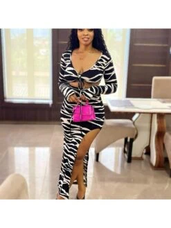 Zebra Print Open Front Maxi Dress Set -Women's Clothing Shop P 20230812122616333 924