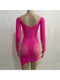 Solid Color One-Shoulder Long Sleeve Hollow Out Splicing Dress -Women's Clothing Shop P 20230814190917227 266