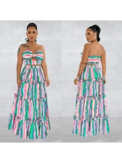 Sleeveless Tube Top Striped Printed Dress Two-piece Set -Women's Clothing Shop P 20230814193024910 889