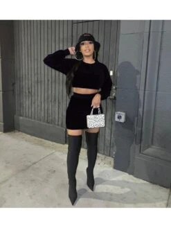 Pure Color Velvet Long Sleeve Short Dress Suit