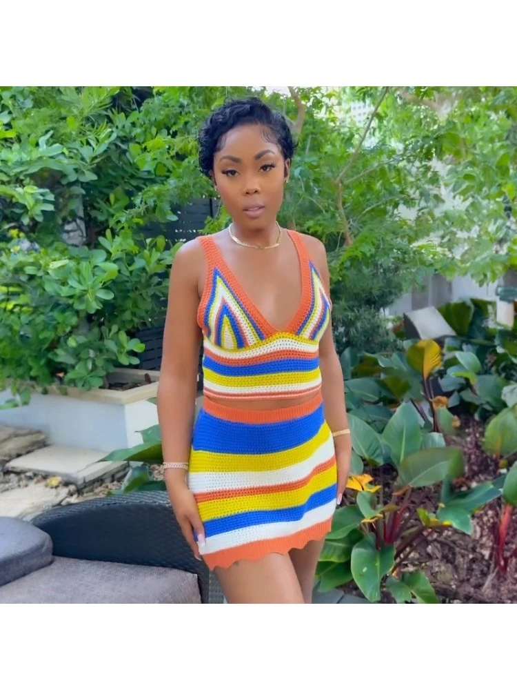 Knitted Two Piece Set With Strappy Color-block Slim Fit Dress 4 Knitted Two Piece Set With Strappy Color-block Slim Fit Dress - Image 2