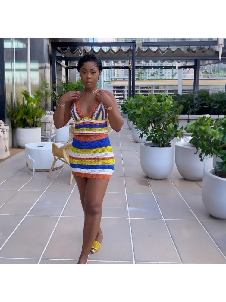 Knitted Two Piece Set With Strappy Color-block Slim Fit Dress 6 Knitted Two Piece Set With Strappy Color-block Slim Fit Dress - Image 4