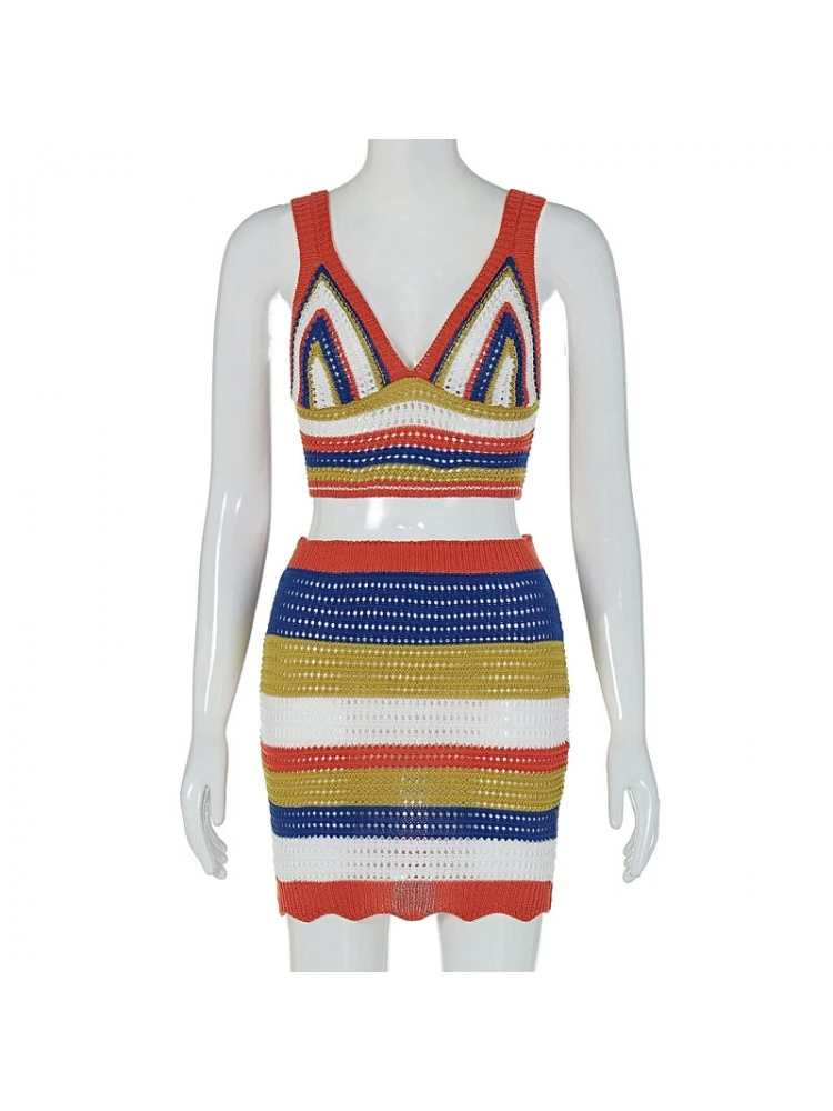 Knitted Two Piece Set With Strappy Color-block Slim Fit Dress 8 Knitted Two Piece Set With Strappy Color-block Slim Fit Dress - Image 6