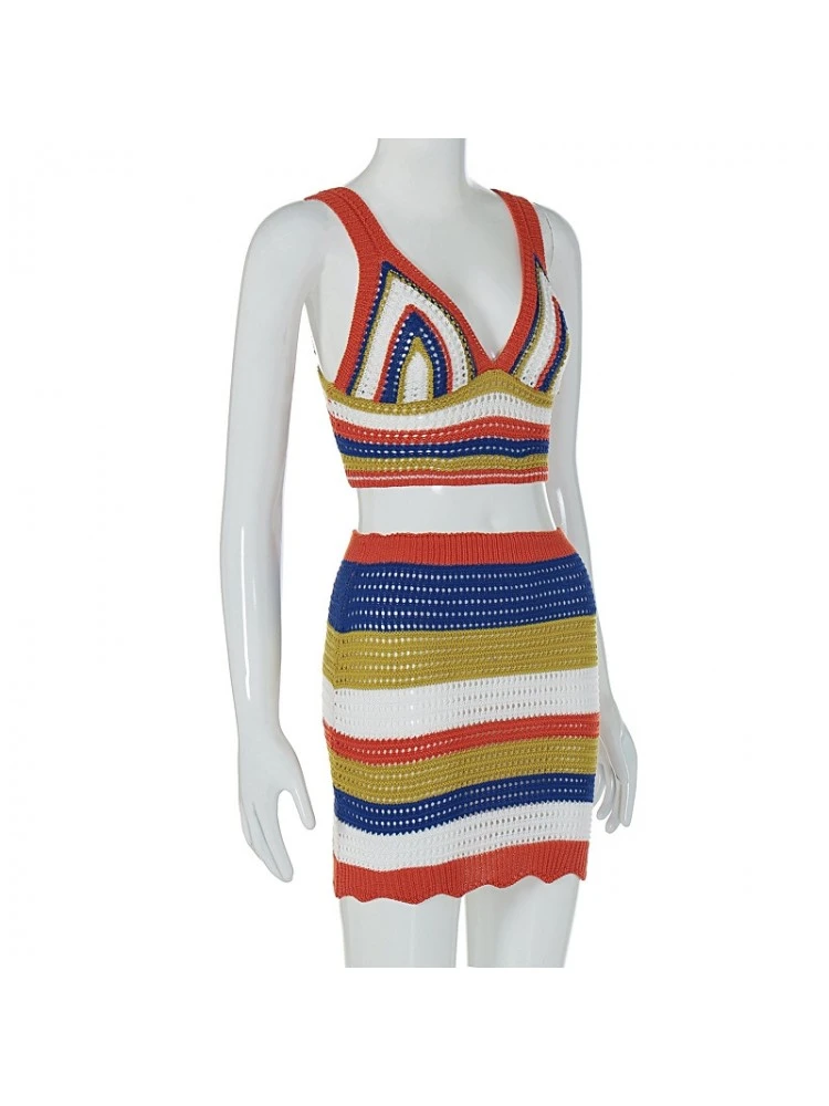 Knitted Two Piece Set With Strappy Color-block Slim Fit Dress 9 Knitted Two Piece Set With Strappy Color-block Slim Fit Dress - Image 7