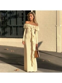 Fall Ruffled Tassels Off Shoulder Slim Maxi Dress -Women's Clothing Shop P 20230824095315790 508