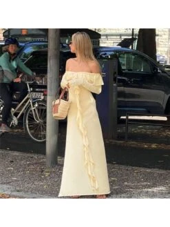 Fall Ruffled Tassels Off Shoulder Slim Maxi Dress -Women's Clothing Shop P 20230824095321020 439