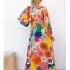 Fall Crew Neck Lantern Sleeve Contrast Color Maxi Dress
